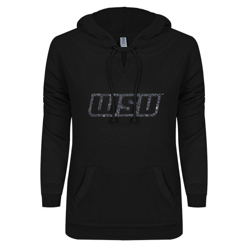  ENZA Womens Black V Notch Raw Edge Fleece Hoodie - WSU Glitter Graphite Soft Glitter