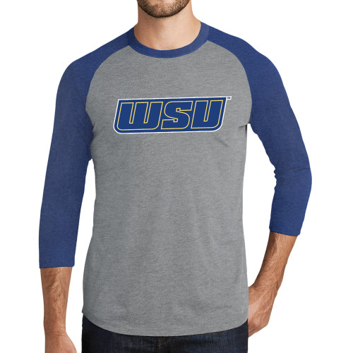  Grey/Royal Heather Triblend Baseball Raglan Tee - WSU