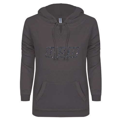  ENZA Womens Dark Heather V Notch Raw Edge Fleece Hoodie - WSU Glitter Silver Soft Glitter