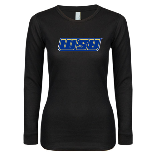  Womens Black Long Sleeve V Neck Tee  - WSU