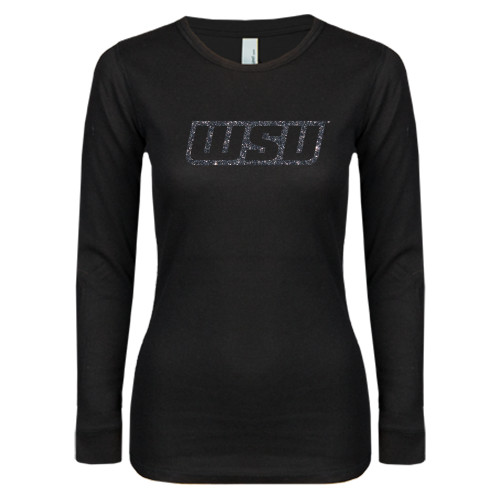  Womens Black Long Sleeve V Neck Tee  - WSU Glitter Graphite Soft Glitter