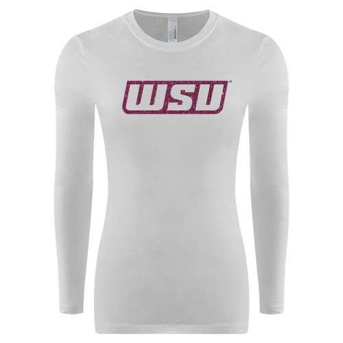  Womens White Long Sleeve V Neck Tee - WSU Glitter Pink Glitter
