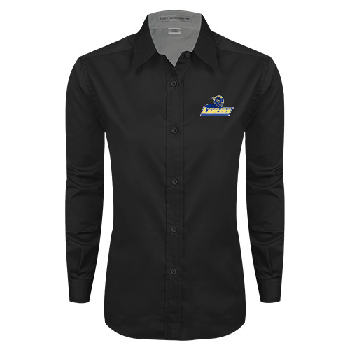  Womens Black Twill Button Down Long Sleeve  - Primary Mark