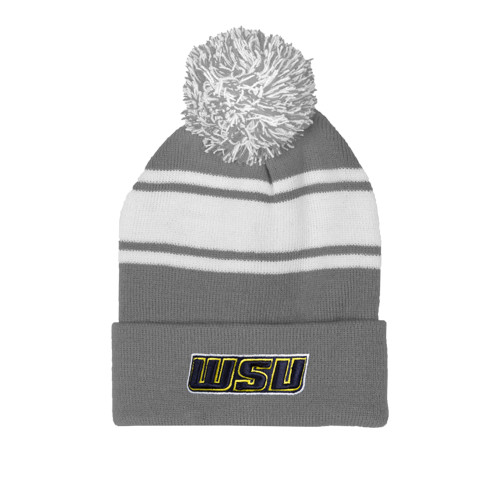  Grey/White Two Tone Knit Pom Beanie w/Cuff - WSU
