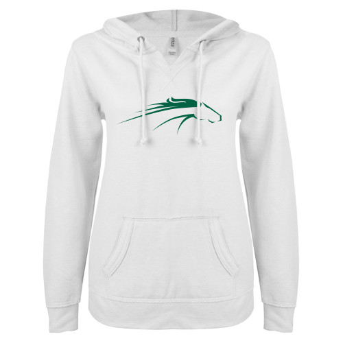  ENZA Womens White V Notch Raw Edge Fleece Hoodie - William Peace University Pacer Head