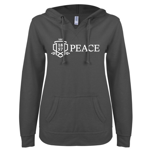  ENZA Womens Dark Heather V Notch Raw Edge Fleece Hoodie - Primary Shield Horizontal