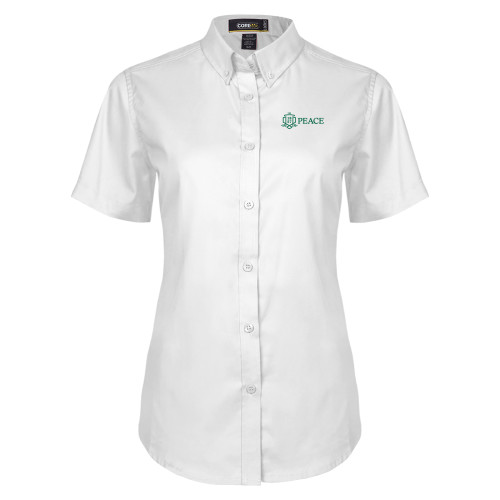 Womens White Twill Button Up Short Sleeve - Primary Shield Horizontal