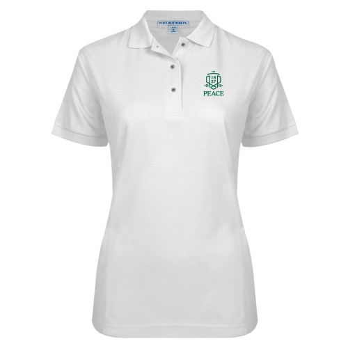  Womens Silk Touch White Pique Polo - Primary Shield Vertical