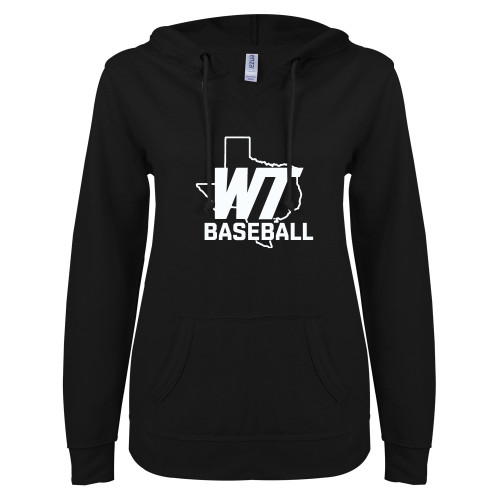  ENZA Womens Black V Notch Raw Edge Fleece Hoodie - WT Texas Baseball