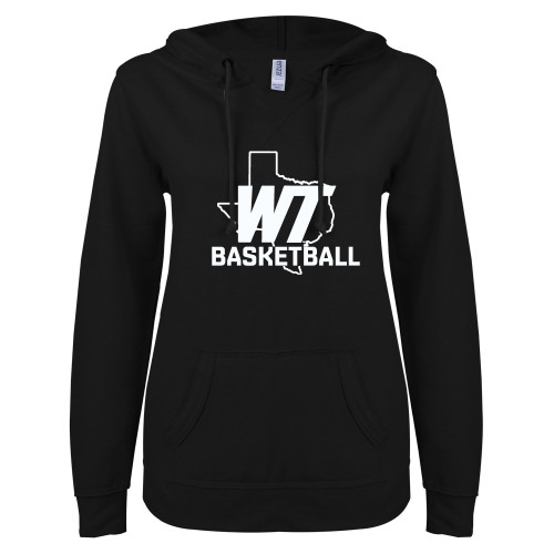  ENZA Womens Black V Notch Raw Edge Fleece Hoodie - WT Texas Basketball