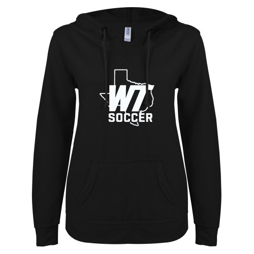  ENZA Womens Black V Notch Raw Edge Fleece Hoodie - WT Texas Soccer