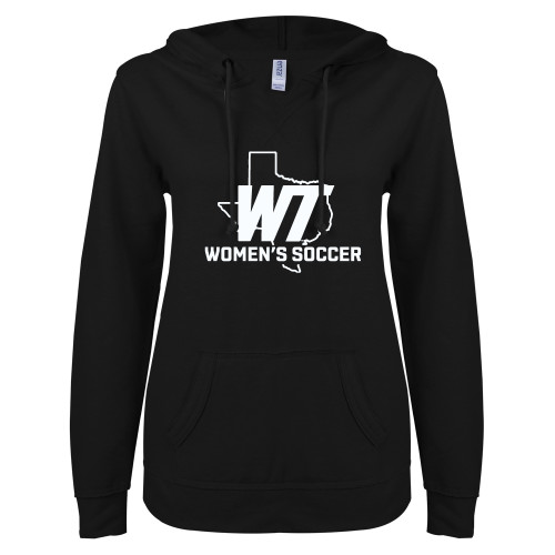  ENZA Womens Black V Notch Raw Edge Fleece Hoodie - WT Texas Womens Soccer