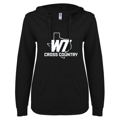  ENZA Womens Black V Notch Raw Edge Fleece Hoodie - WT Texas Cross Country