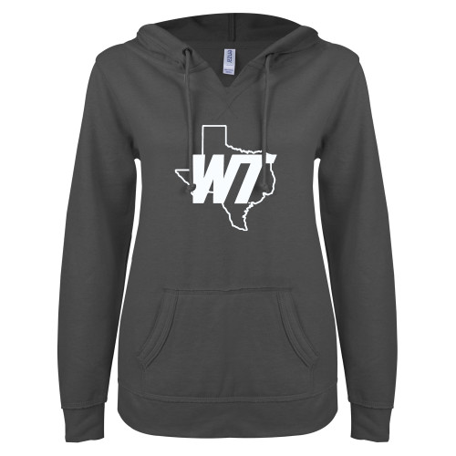  ENZA Womens Dark Heather V Notch Raw Edge Fleece Hoodie - WT Texas Mark