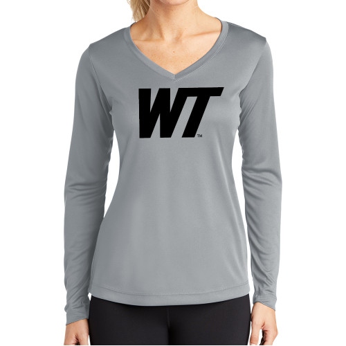  Womens Grey Performance Long Sleeve V Neck Shirt - West Texas A&M Primary Mark