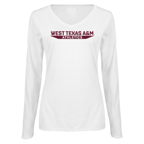  Womens White Long Sleeve V Neck Tee  - West Texas A&M - Athletics