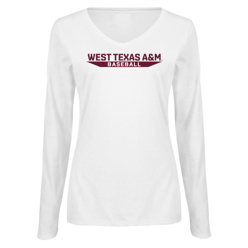  Womens White Long Sleeve V Neck Tee  - West Texas A&M - Baseball