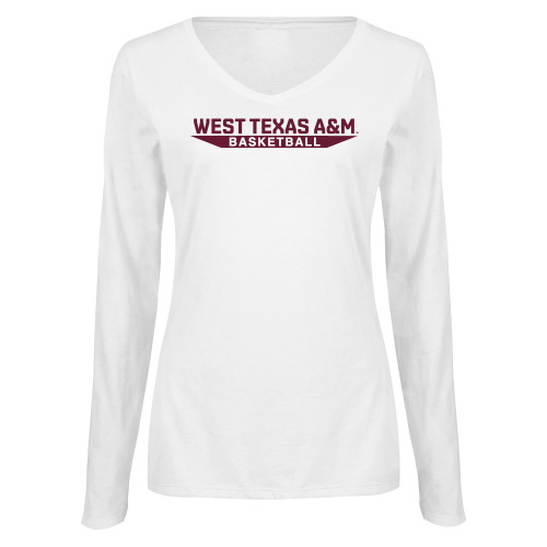  Womens White Long Sleeve V Neck Tee  - West Texas A&M - Basketball