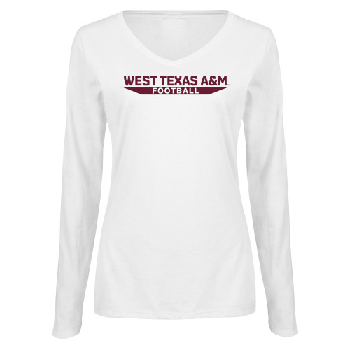  Womens White Long Sleeve V Neck Tee  - West Texas A&M - Football