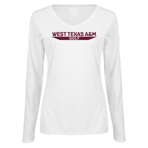  Womens White Long Sleeve V Neck Tee  - West Texas A&M - Golf