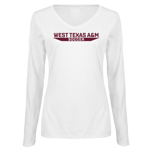  Womens White Long Sleeve V Neck Tee  - West Texas A&M - Soccer