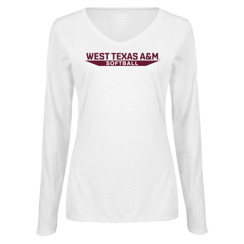  Womens White Long Sleeve V Neck Tee  - West Texas A&M - Softball