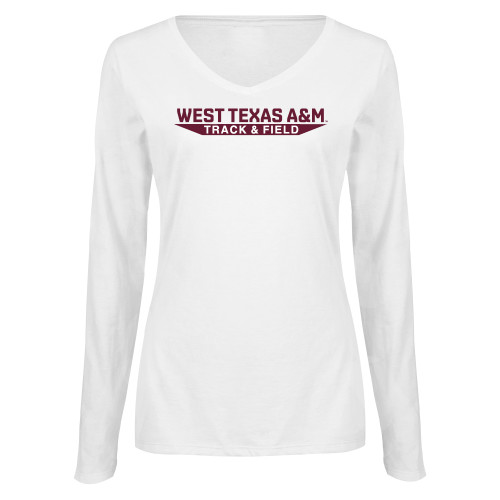  Womens White Long Sleeve V Neck Tee  - West Texas A&M - Track & Field