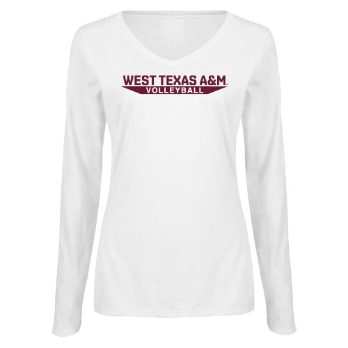 Womens White Long Sleeve V Neck Tee  - West Texas A&M - Volleyball