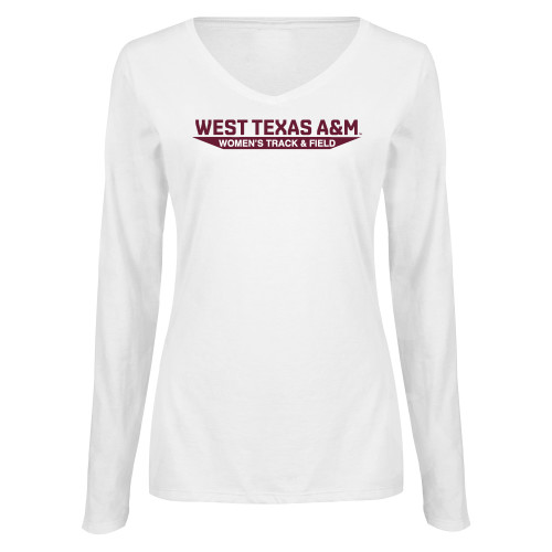  Womens White Long Sleeve V Neck Tee  - West Texas A&M - Womens Track & Field