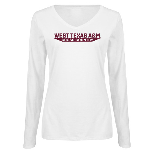  Womens White Long Sleeve V Neck Tee  - West Texas A&M - Cross Country