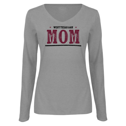  Womens Grey Long Sleeve V Neck Tee  - West Texas A&M Mom