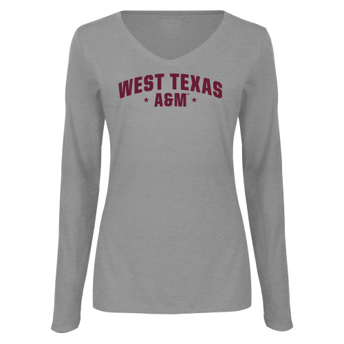  Womens Grey Long Sleeve V Neck Tee  - West Texas A&M Arched