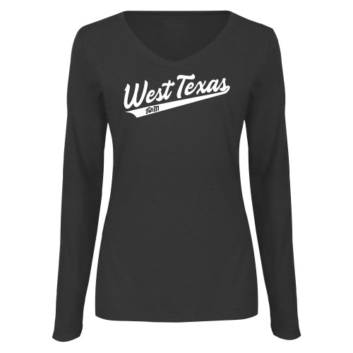  Womens Dark Heather Long Sleeve V Neck Tee  - West Texas A&M Script