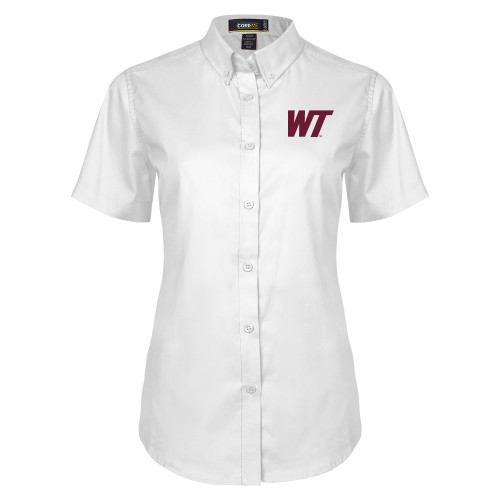  Womens White Twill Button Up Short Sleeve - West Texas A&M Primary Mark