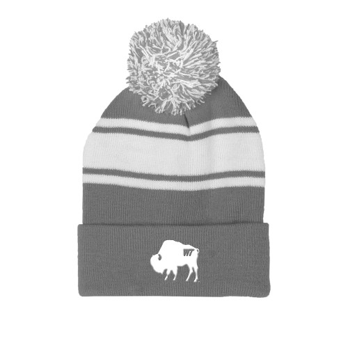  Grey/White Two Tone Knit Pom Beanie w/Cuff - WT Branded Buffalo