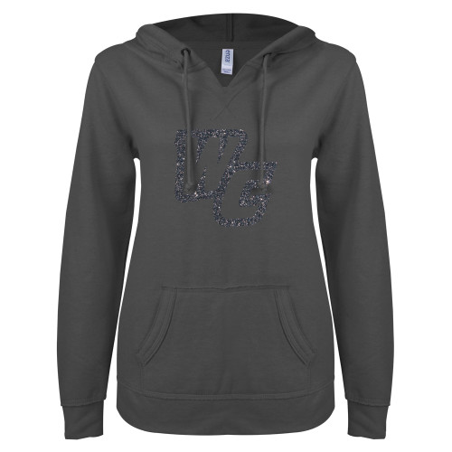  ENZA Womens Dark Heather V Notch Raw Edge Fleece Hoodie - Primary Mark Silver Soft Glitter