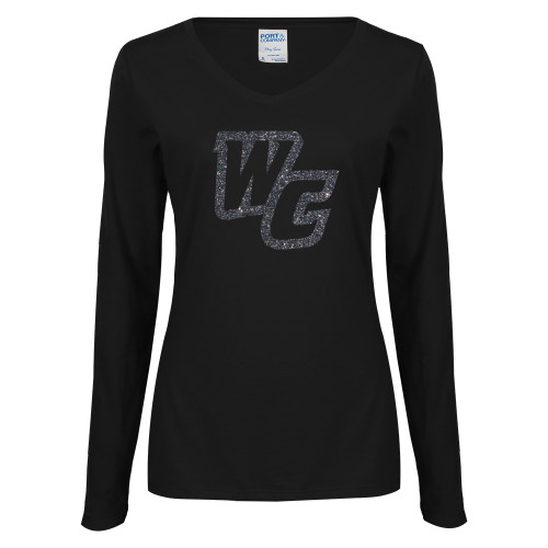  Womens Black Long Sleeve V Neck Tee  - Primary Mark Graphite Soft Glitter