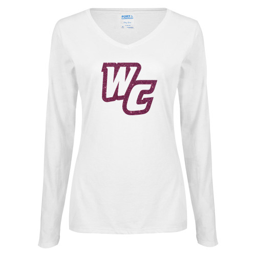  Womens White Long Sleeve V Neck Tee - Primary Mark Pink Glitter