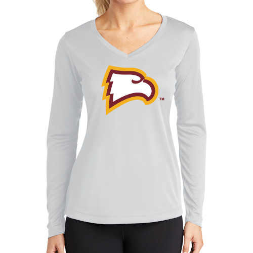  Womens White Performance Long Sleeve V Neck Shirt - Primary Mark