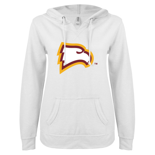  ENZA Womens White V Notch Raw Edge Fleece Hoodie - Primary Mark