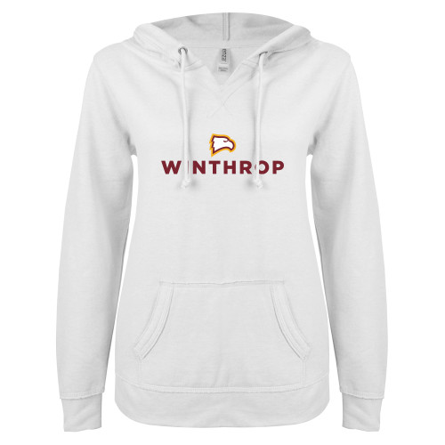  ENZA Womens White V Notch Raw Edge Fleece Hoodie - Athletic Wordmark Stacked