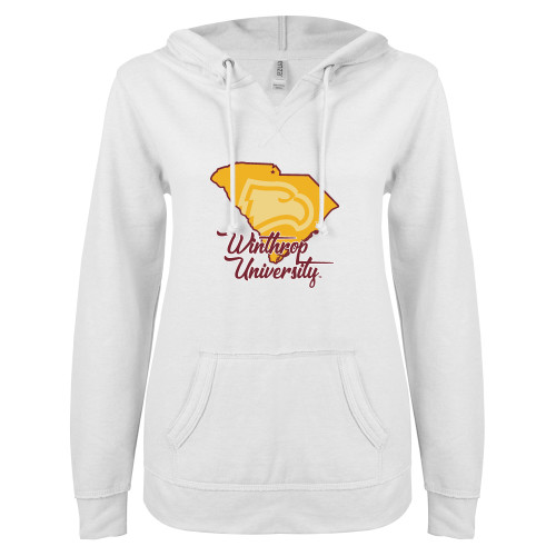  ENZA Womens White V Notch Raw Edge Fleece Hoodie - Winthrop University with State of South Carolina