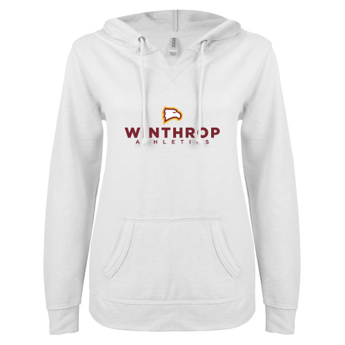  ENZA Womens White V Notch Raw Edge Fleece Hoodie - WU Athletics