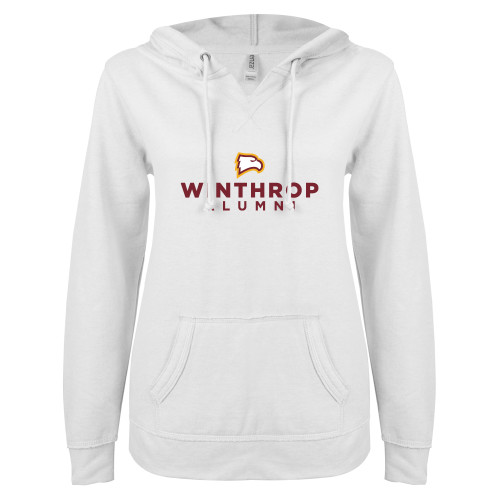  ENZA Womens White V Notch Raw Edge Fleece Hoodie - WU Alumni