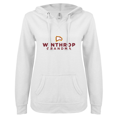  ENZA Womens White V Notch Raw Edge Fleece Hoodie - WU Grandma