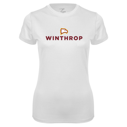  Womens White Performance Tee - Athletic Wordmark Stacked