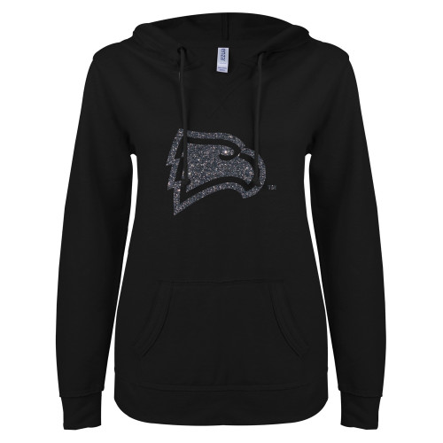  ENZA Womens Black V Notch Raw Edge Fleece Hoodie - F Graphite Soft Glitter