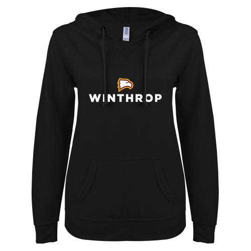  ENZA Womens Black V Notch Raw Edge Fleece Hoodie - Athletic Wordmark Stacked