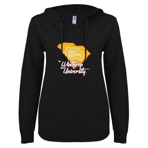  ENZA Womens Black V Notch Raw Edge Fleece Hoodie - Winthrop University with State of South Carolina