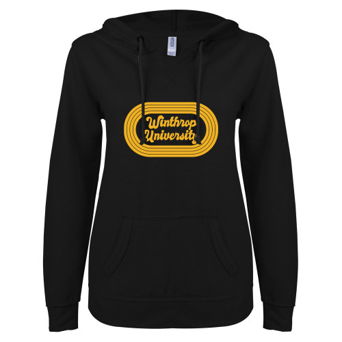  ENZA Womens Black V Notch Raw Edge Fleece Hoodie - Winthrop University 70s Design